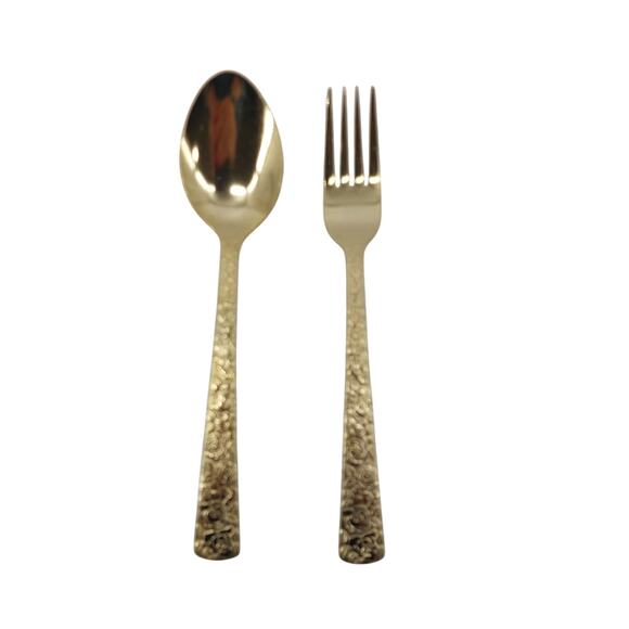 Spoon and Fork Set Gold Tone Flatware Rose Floral Pattern - Picture 1 of 6